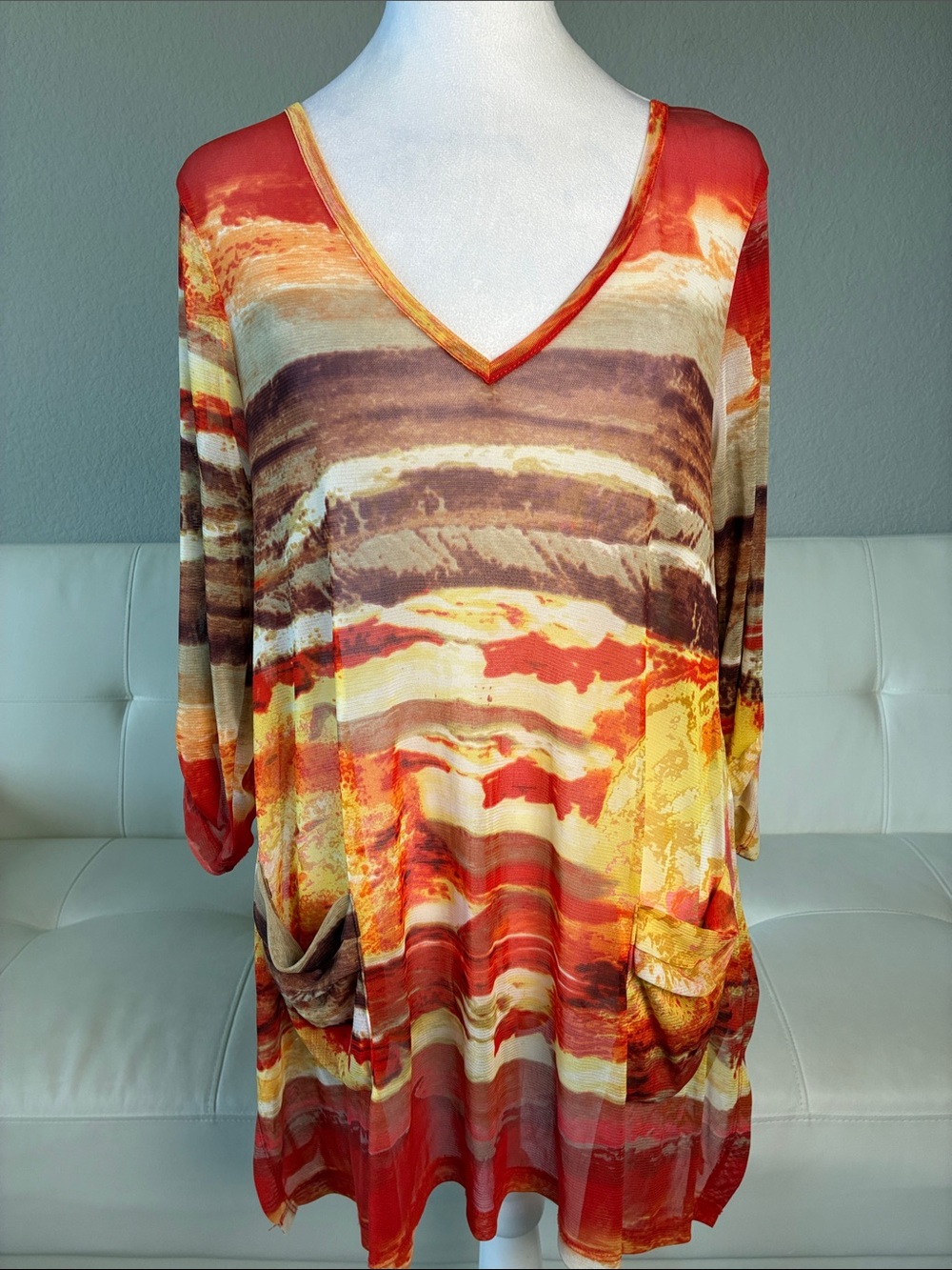 Lynn Ritchie Silver V-Neck Pocket Semi-sheer Tunic Red & Brown Stripes - Sunset